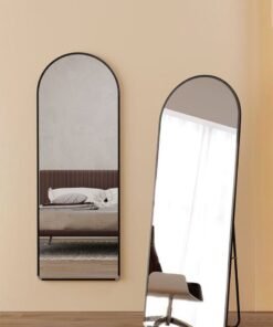 fashionhome Modern Full Length Mirror Standing Hanging or Leaning Against Wall Floor Mirror Dressing Mirror Wall-Mounted Mirror Aluminum Alloy Thin Frame Black 60x165cm Oval Top Rounded Corner