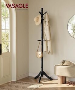 VASAGLE Solid Wood Coat Rack and Stand, Free Standing Hall Coat Tree with 10 Hooks for Hats, Bags, Purses, for Entryway, Hallway, Rubberwood, Ink Black