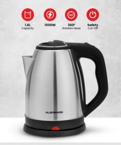 Olsenmark Electric Kettle with Large Capacity, 360-Degree Rotating Base, Dry Boil, Overheat Protection & Easy to Use and Clean Silver/Black 1.8 L 1500 W OMK2356 Silver/Black