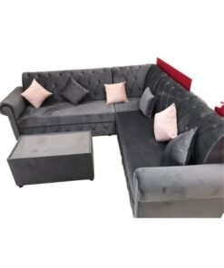Maharat Al Bahar L Shape Velvat Sofa Set 6 Seater with Cushion & table Grey 250X80X80