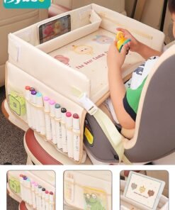 Bybeo Kids Travel Tray for Car, Car Seat Tray, Road Trip Essentials, Carseat Table with Mesh Pockets, Car Desk Organizer, Car Accessories, Foldable and Waterproof
