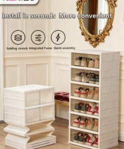 MissTiara Shoe Storage Organizer, Clear Installation-free Foldable Shoe Rack Stackable Shoe Box Pack, Portable Cabinet Rack Magnetic Clear Doors Compact Foldable Space-Saving Shoe Storage Boxes (2×6 layer)