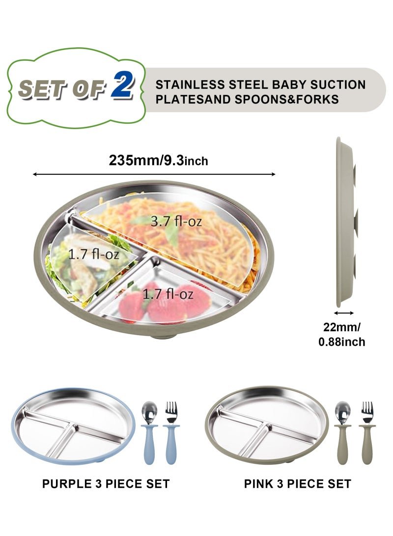 HomarKet 2 Pack Stainless Steel Baby Suction Plates & 2 Pack Spoons and Forks Set, Toddler Utensils Baby Feeding Set, Divided Plates for Baby Led Weaning Supplies, BPA-Free (Blue/Walnut)