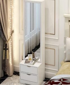 fashionhome Multifunction Dressing Mirror and 2 Drawers Modern Full Length Standing Mirror Cabinet with 2 Spacious Storage Drawers Freestanding Bedroom Organizer with Glossy White Finish Space Saving Wardrobe Mirror Unit for Dressing Makeup & Daily Essentials Storage Table 30x34x162cm