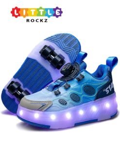 LITTLE ROCKZ Kids Four Wheel Roller Shoes Rechargeable LED Flash Light Sneaker Skate Heelys Shoes Blue