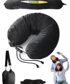 Stuffable Neck Pillow for Travel, Adjustable U-shapes, Extra Luggage Storage Ideal 1-3 Days Travel Essentials, 3D Eye Mask Included, Black