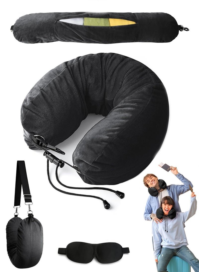 Stuffable Neck Pillow for Travel, Adjustable U-shapes, Extra Luggage Storage Ideal 1-3 Days Travel Essentials, 3D Eye Mask Included, Black