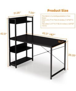 ALIVINGHOME Computer Table with 4 Tier Shelves for Home Office,Study, or Gaming，Modern Simple Style Writing Desk Table，Ergonomic 110 L x 50cm W x 72cm H/120 L x 50cm W x 72cm H, Black