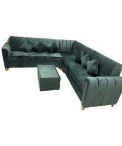 Maharat Al Bahar L Shape Valvet Sofa Set With Cushion & Table 6 Seaters Light/Green 250x80x80
