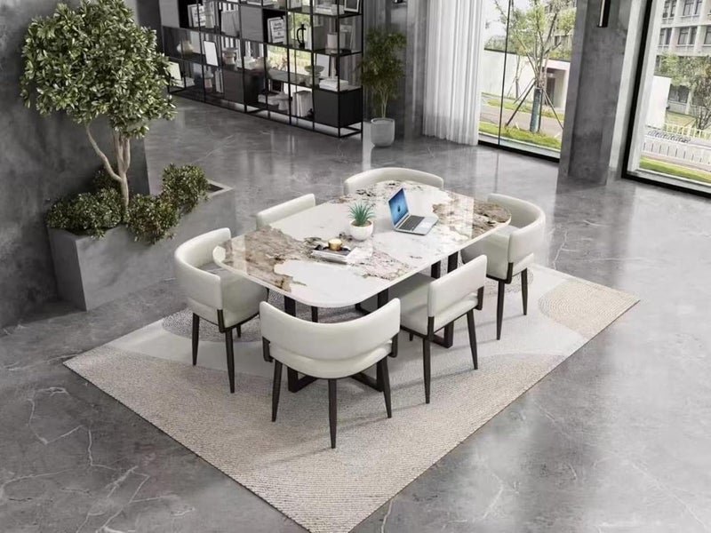 Harmony Home 6-Seater Dining Set – Modern Rectangular Table with White Ceramic Top + 6 Padded Chairs, Space-Saving Design for Homes & Offices
