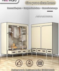 MissTiara Fabric Wardrobe Clothes Storage Closet with Four Drawer Zipper Foldable Non-Woven Cover Hanging Rod Freestanding Canvas Garment Organizer Rack for Bedroom Home