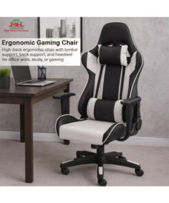 Multi Home Furniture White & Black Gaming Chair | Ergonomic Chair High-Back Recliner Chair with Adjustable Armrests & Lumbar Support | PU Leather Office Chair for Gaming Setup & Back Support
