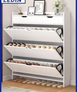 LEDIN Tipper Shoe Cabinet with Solid Wood Legs and Two Drawers - Stylish and Space-Saving Shoe Storage Solution for Narrow Doorways and Bedrooms (White)