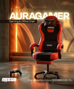 DROGO Aura Ergonomic Gaming Chair With Premium PU Leather Fabric, Linkage Armrest, Adjustable Neck & Lumbar Pillow | Video Game Chair | Computer Chair For Study | Office Chairs For Work From Home With Recline Black / Red