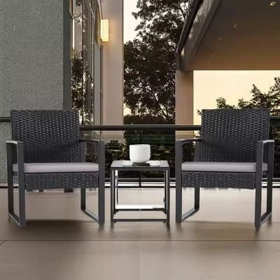 Balcony Outdoor Table And Cushioned Rattan Porch Chairs Set - Black - Image 5
