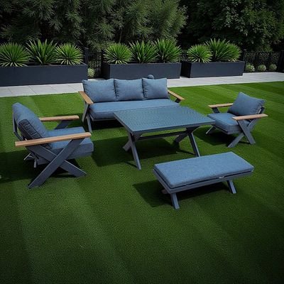 7-Seater Cross Legs Dark Grey Aluminium Garden Sofa with Big Table Wooden Color Arm Rests - Image 5