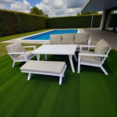 Premium 7-Seater White Outdoor Aluminium Sofa Set with Beige Cushions - Image 5