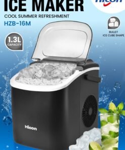 HICON Automatic Ice Maker, 15kg 24hrs Ice Production, Round lce Cube Shape,1.3 Liter Capacity With 6-13mins Ice Making, LED Display 6.2kg 110W for Home Kitchen, Bars, Coffee Shops, Restaurant HZB-16M-Black