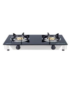 Nobel Gas Stove with Dual Gas Burner, 1 x 90mm Single Burner (3,0kW ) + 1 x 90mm Double Burner (3,5kW) with Glass Black Brass Glass Top Auto Ignition Double Burner NGT2111 Black