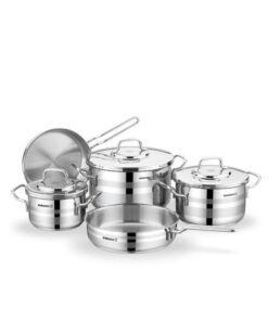 Korkmaz Astron 8 Pcs Cookware Set | Stainless Steel Pots and Pans Set | Inductions Compatible Cooking Set | Silver - KA2055 Silver