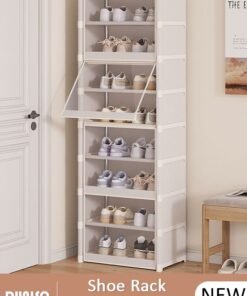 DUNISO 8 Tier Shoe Rack with Dustproof Cover, Portable Shoes Organizer for Entryway, Shoe Storage Cabinet, Plastic Shoe Shelves Space Saving for Closet Entryway Bedroom Hallway