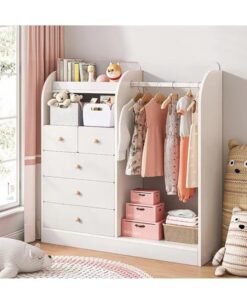 Kids Wardrobe﻿ Kids Clothing Rack Freestanding Half-Open Clothes Rack Baby Storage Cabinet with 5 Drawer Wooden Wardrobe Closet with Hanging Rods Storage Cupboard for Bedrooms,Entrances（White）