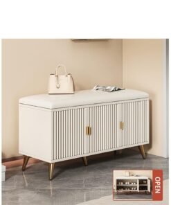 Alternative view of Wooden Shoe Bench, Modern Shoe Cabinet with Storage and Leather Cushion Seat for Shoe Changing and Shoe Organizer, For Home Entryway Hallway Bedroom Living Room, (White)