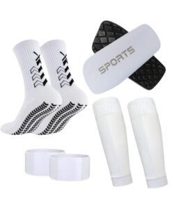 PYC Football Four piece Set Skidproof Soccer Socks Nylon Pocket Shin Guard Sleeves Calf Compression Socks For Soccer Football Sports Adjustable Shin Guard Straps(White)