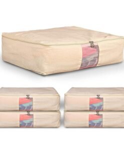 Solstice Cotton Clothes Storage Box/Covers/Bags With Zip (18 X 16 X 4.5 Inch) As Wardrobe Organizer For Huge Silk Saree/Big Lehenga/Dresses/Shirts/Trousers/Gown/Quilts - Pack Of (5), Beige