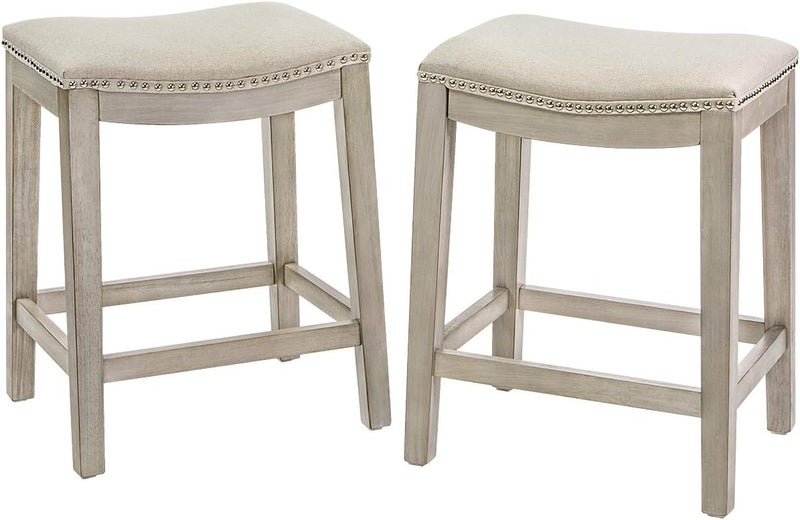Barton Set of 2 Bar Stools Beige 24 Saddle Backless Premium Padded IndoorOutdoor Nailhead Cushion Kitchen Counter Chairs Pub Seat Foot Rest