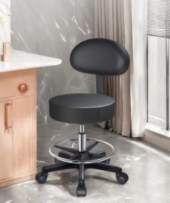 Rolling Stool, PU Leather Rolling stools, Ultra Soft Padded Seat, Rolling Stools with Wheels and Footrest, 360° Swivel, Work Office Tattoo Stool (black)