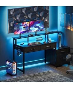NKX Computer Desk with Printer Shelf and Power Outlet – Office Desk with LED Strip Lights Workstation Table for Home Office