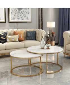Round Coffee Tables Set of 2, Living Room Nesting Center Tables with White Gold Metal Frame, Modern Side End Tables for Bedroom Balcony Yard - Image 3