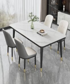 fashionhome Modern Multipurpose Industrial Standard Rectangle Sintered Artificial Stone Rock Plate Tabletop Dining Table and 4 Concave Curve Chair Set for Kitchen Restroom 120 x 60 x 75 and 40 x 42 x 86 Centimeter