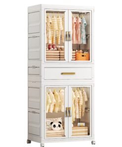 Ollieroo Plastic Modular Storage Cabinet – PP/PET/ABS 2-Wardrobe and 1-Drawer Combo with Hanging Rod and 6 Hangers (Colors Random), Lockable Swivel Wheels, Pre-Installed Handles, and Magnetic Doors for Bedroom, Closet, or Living Room, 64 × 41 × 160 cm
