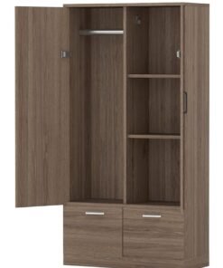 Mahmayi Wooden Wardrobe with 2 Doors, 2 Drawers, Hanging Rod and 2 Compartments, Wooden Closet Storage Cabinet for Bedroom, Living Room - Truffle Brown Davos Oak