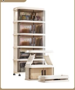 ROCKCAMEL Multifunctional Folding Storage Cabinet, 5 Tier Stackable Plastic Storage Bins with Universal Wheels and Dual Opening Clear Doors, Toy Storage Box, Snacks Locker, Bookcase for Home Office (48*29*112cm)