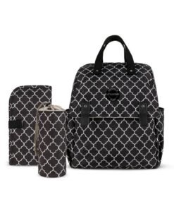 Little Story set of 3 Diaper Backpack with Changing Mat and Bottle Bag - Signature Black