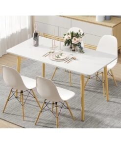 Modern Rectangular Dining Table, Dinner Table for 2-4, White MDF Top with Natural Wood Legs, Contemporary Scandinavian Style for Kitchen, Living Room, 100x60x73cm (White,XJC-CZ-100CM)