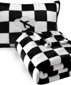 Jungle Star Travel Blanket and Pillow Compact, Premium Soft 2 in 1 Airplane Blanket with Soft Bag Pillowcase，Hand Luggage Sleeve and Backpack Clip (Checkered Black)