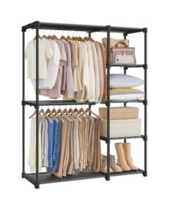 SONGMICS Freestanding Wardrobe, Foldable Closet, Coat Rack with Clothes Rails, Clothes Rack, Open Storage Wardrobe, Storage Organiser, Cloakroom, Bedroom, 43 x 112 x 165 cm, Black