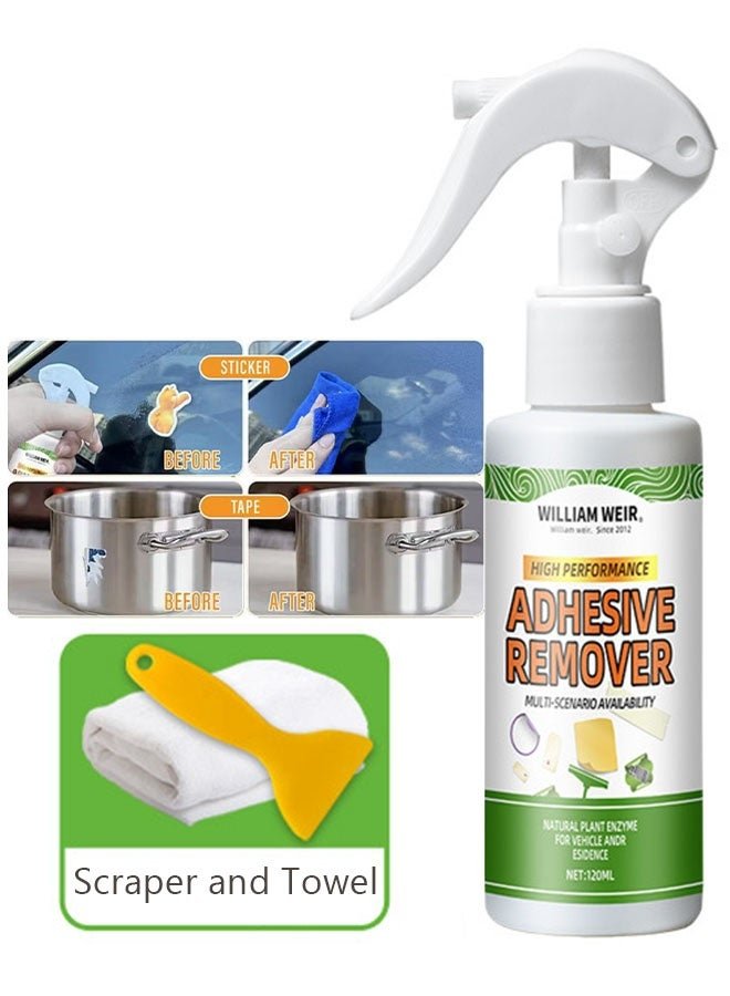 WILLIAM WEIR Adhesive Remover ,Cleaner Spray for Removing Decals Stickers Tape Labels Glue Residue on Vehicles Boats RVs Brick Concrete Wall Window Furniture and More 120ml With Scraper And Towel