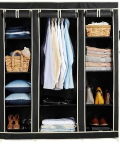 OBBO Portable 3-Door Foldable Wardrobe Closet – Fabric Plastic Iron Storage Organizer with Hanging Rod & 10 Racks | Lightweight & Space-Saving Storage Solution | 162 x 44 x 138 cm – Black