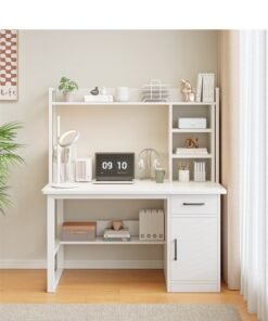 Kids Study Desk, Wooden Students Writting Table with Bookshelf and Storage Cabinet, Computer Table Office Desktop with Documents Storage Shelving Rack for Home Writting Reading and Office PC Notebook Working (White, YN116)