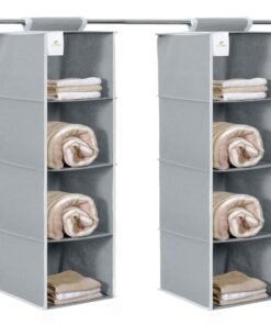 HomeStrap Non Woven Hanging 4 Shelves Wardrobe/Closet Cloth Organizer (Grey)|(Pack Of 2) - Non Woven Fabric