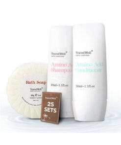 TRAVELWELL Hotel Amenities Toiletries Individually Wrapped 30ml Shampoo 25 Bottles + Conditioner, 25 Bottles + 28g Mini Soap Bars, 25 Bars | Travel Size Toiletries | Hotel Toiletries Bulk Set