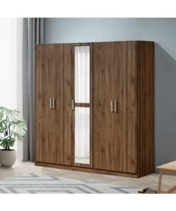 DANUBE HOME Supreme 5-Door Swing Wardrobe with Mirror – Light Walnut Finish – Spacious Bedroom Storage Cabinet with Hanging Rod & Shelves – Modern Wardrobe for Bedroom, Living Room, Hallway – Stylish Wooden Wardrobe for Home Organization