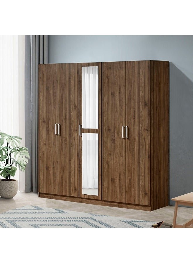 DANUBE HOME Supreme 5-Door Swing Wardrobe with Mirror – Light Walnut Finish – Spacious Bedroom Storage Cabinet with Hanging Rod & Shelves – Modern Wardrobe for Bedroom, Living Room, Hallway – Stylish Wooden Wardrobe for Home Organization