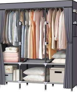 LOKEME Portable Closet, 61-Inch Portable Wardrobe with 3 Hanging Rods and 6 Storage Shelves, Non-Woven Fabric, Stable and Easy Assembly Grey Portable Closets for Hanging Clothes with Side Pockets