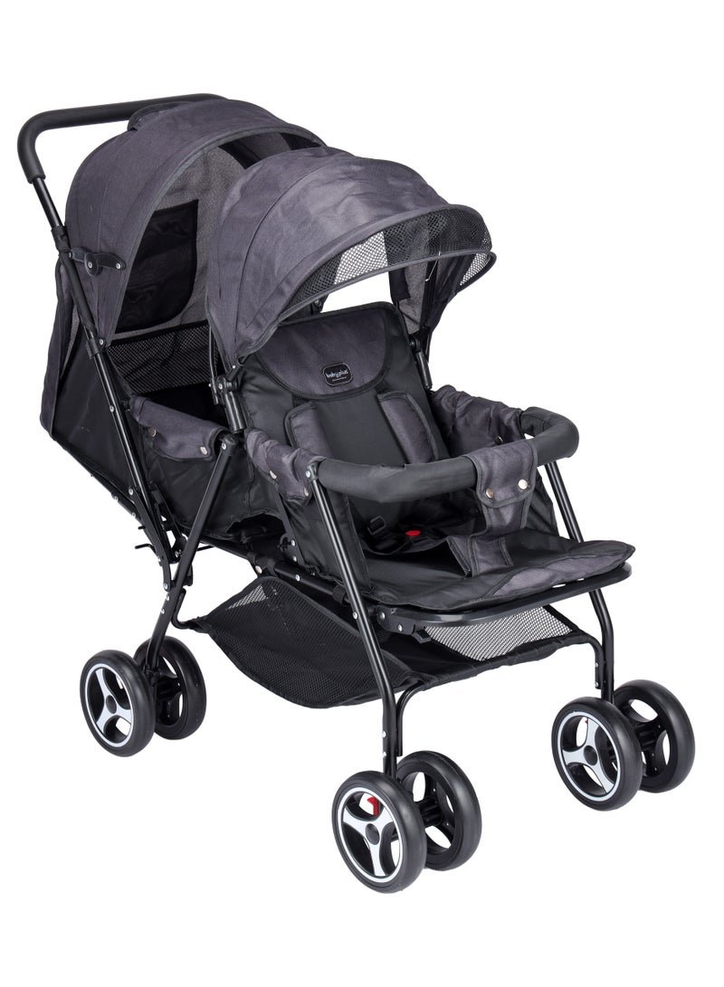 BABY PLUS Lightweight Double Stroller for Twins - Foldable Twin Baby Stroller with Adjustable Canopy, Storage Basket, and Safety Features, BLACK